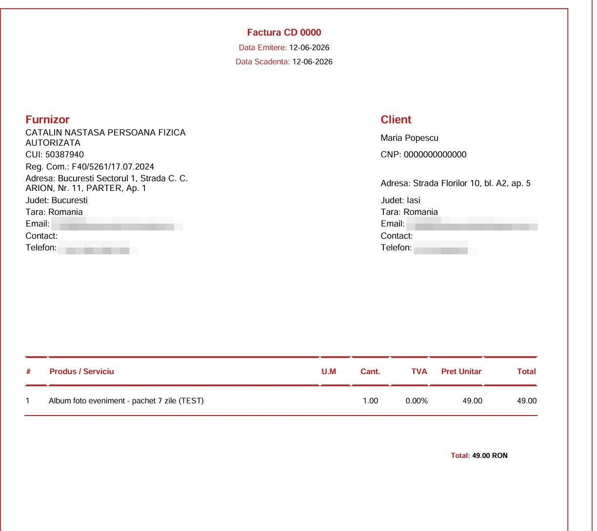 Model de factură fiscală emisă de InvitatiOnline.ro (exemplu orientativ, date anonimizate)